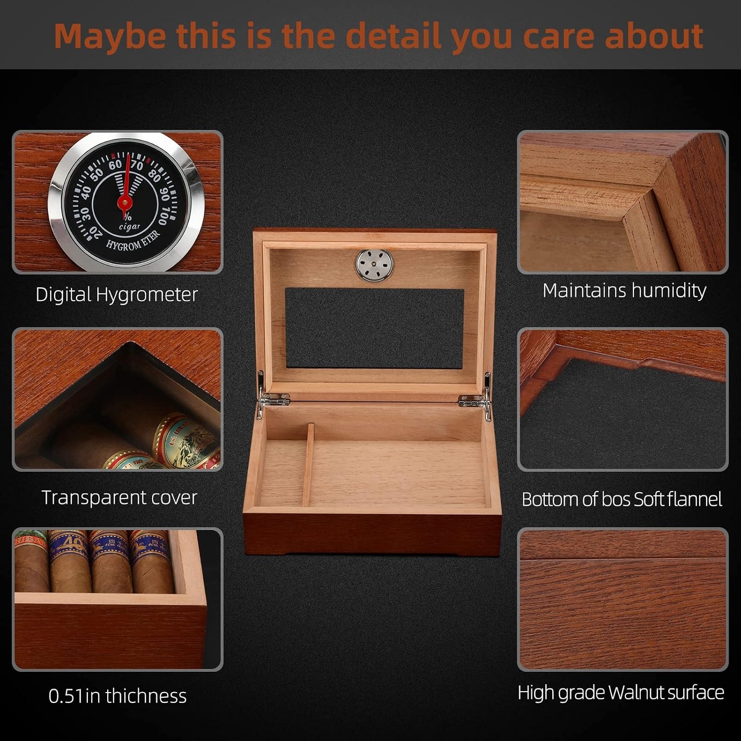 Glass Top Cedar Cigar Humidor with Hygrometer: image 2